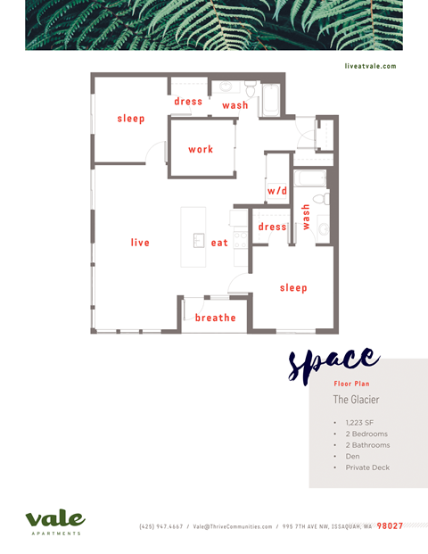 Floor plan for 2 beds, 2 baths, 1223 sqft
